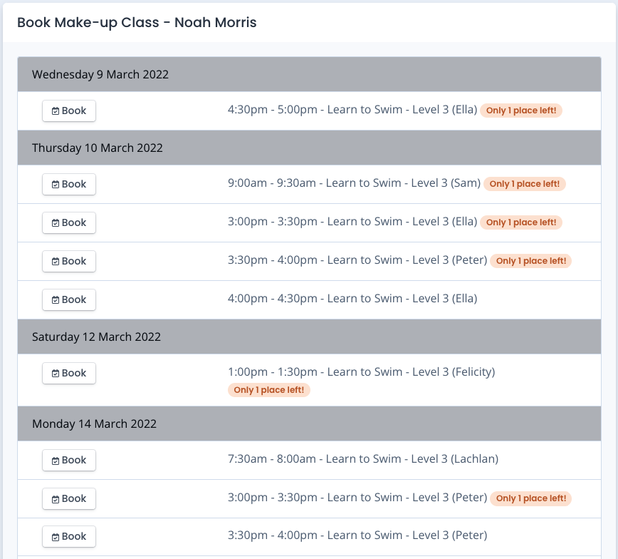 Make-up Class Bookings Make-up Class Bookings