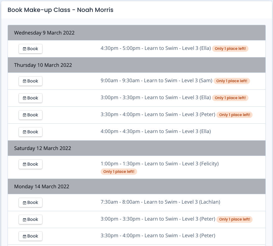 Make-up Class Bookings